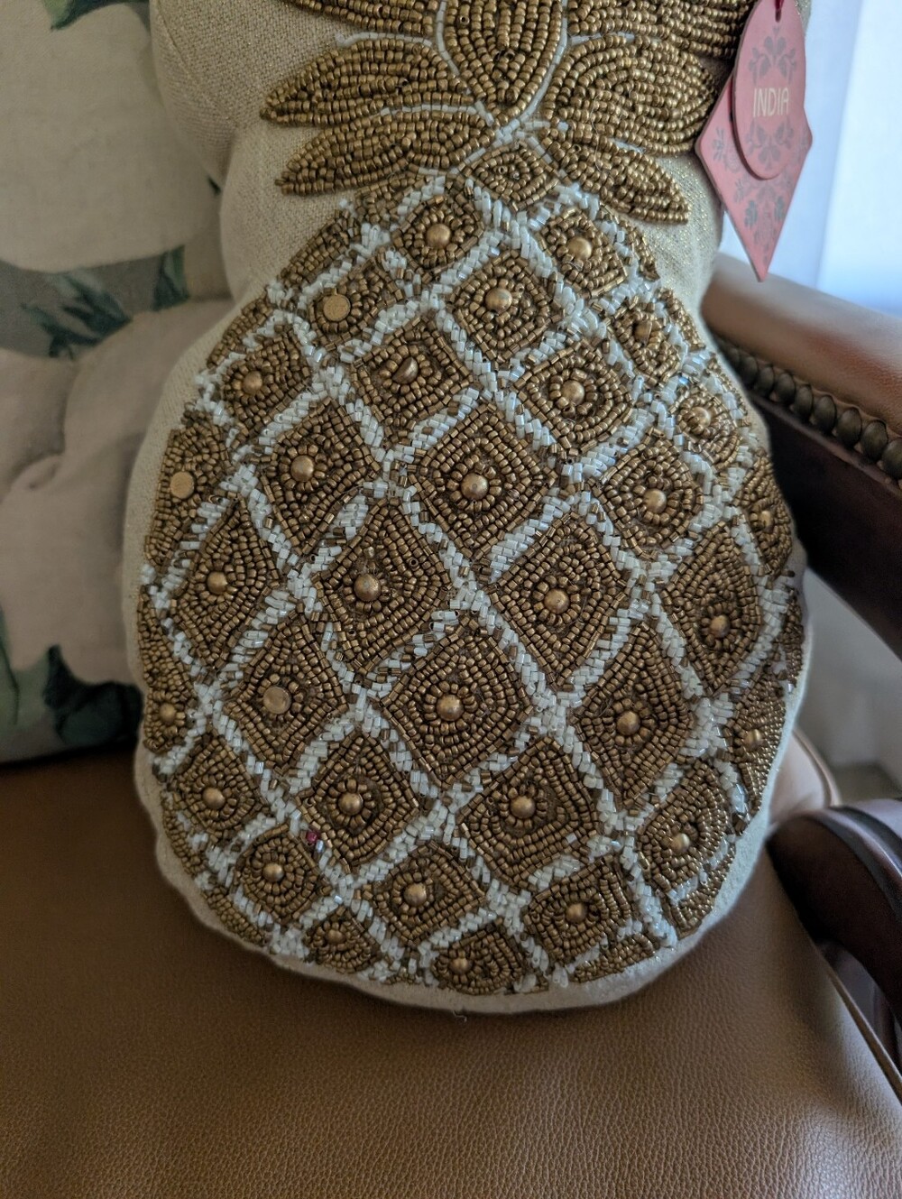 Beaded Pineapple Decorative Pillow - Gold on Cream - Picture 4 of 8